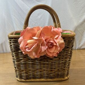 Gretchen Scott Tote Bag Womens Small Brown Wicker Pink Rose Flower Basket Purse